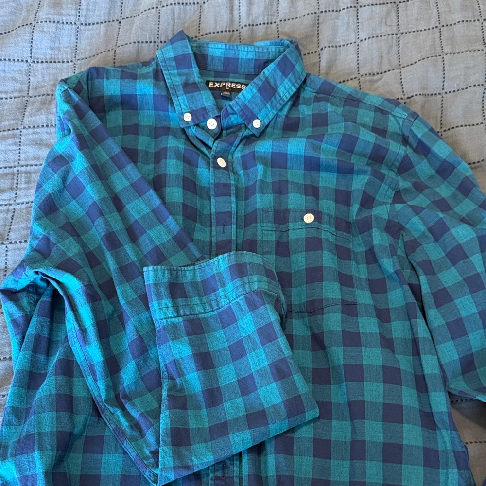 Express Men's Blue and Green Plaid Shirt